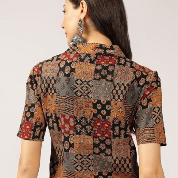 Black & Multi-Coloured Ethnic Print Crop Shirt Top, Cuban Collar, Short Sleeves - Picture 5 of 7
